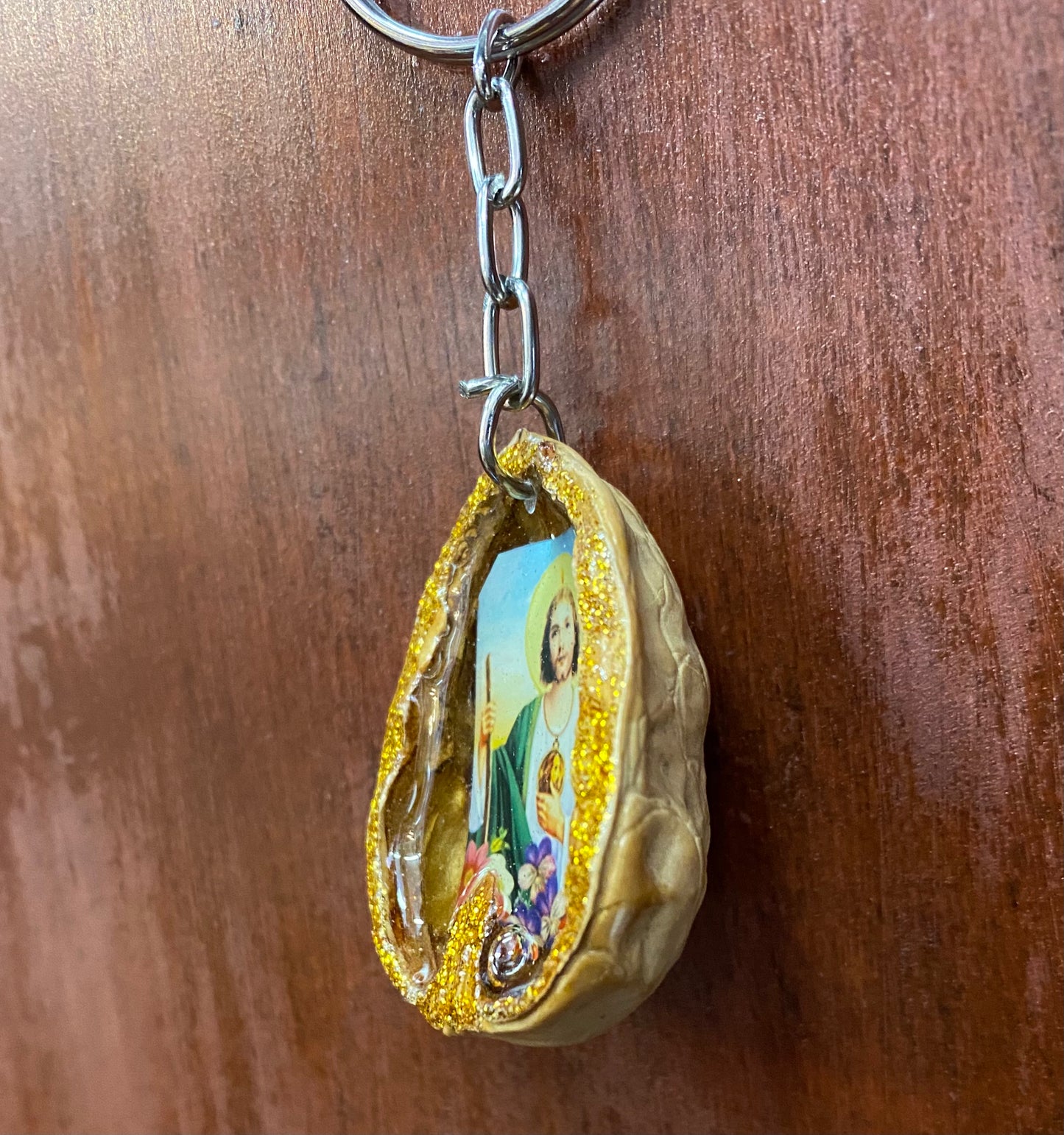 San Judas Walnut Shell Keychain