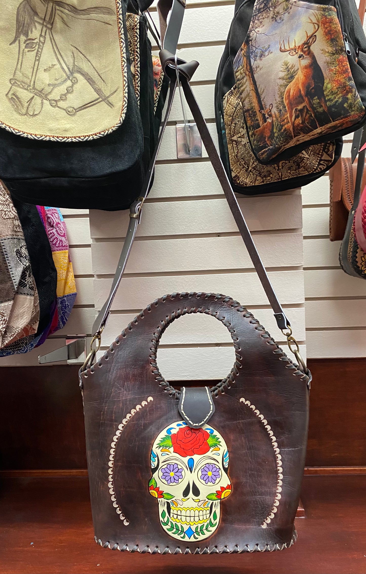 Brown Leather Sugar Skull Hand Bag