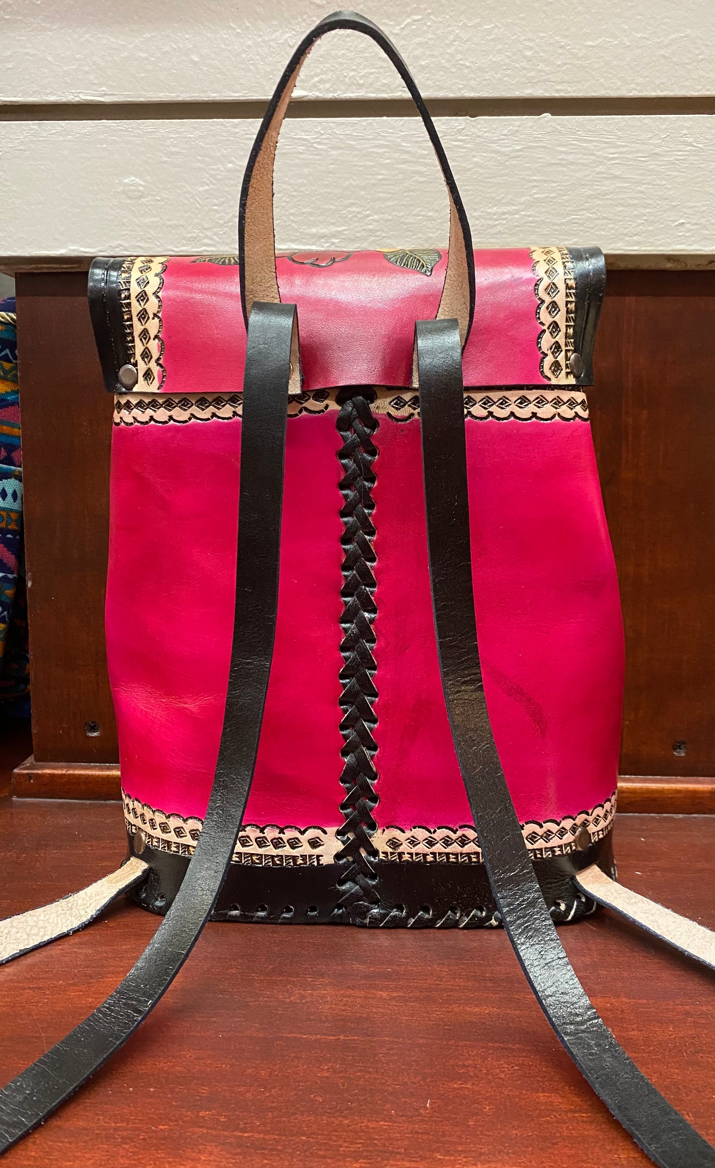 Pink, Black and Neutral Leather Floral Backpack