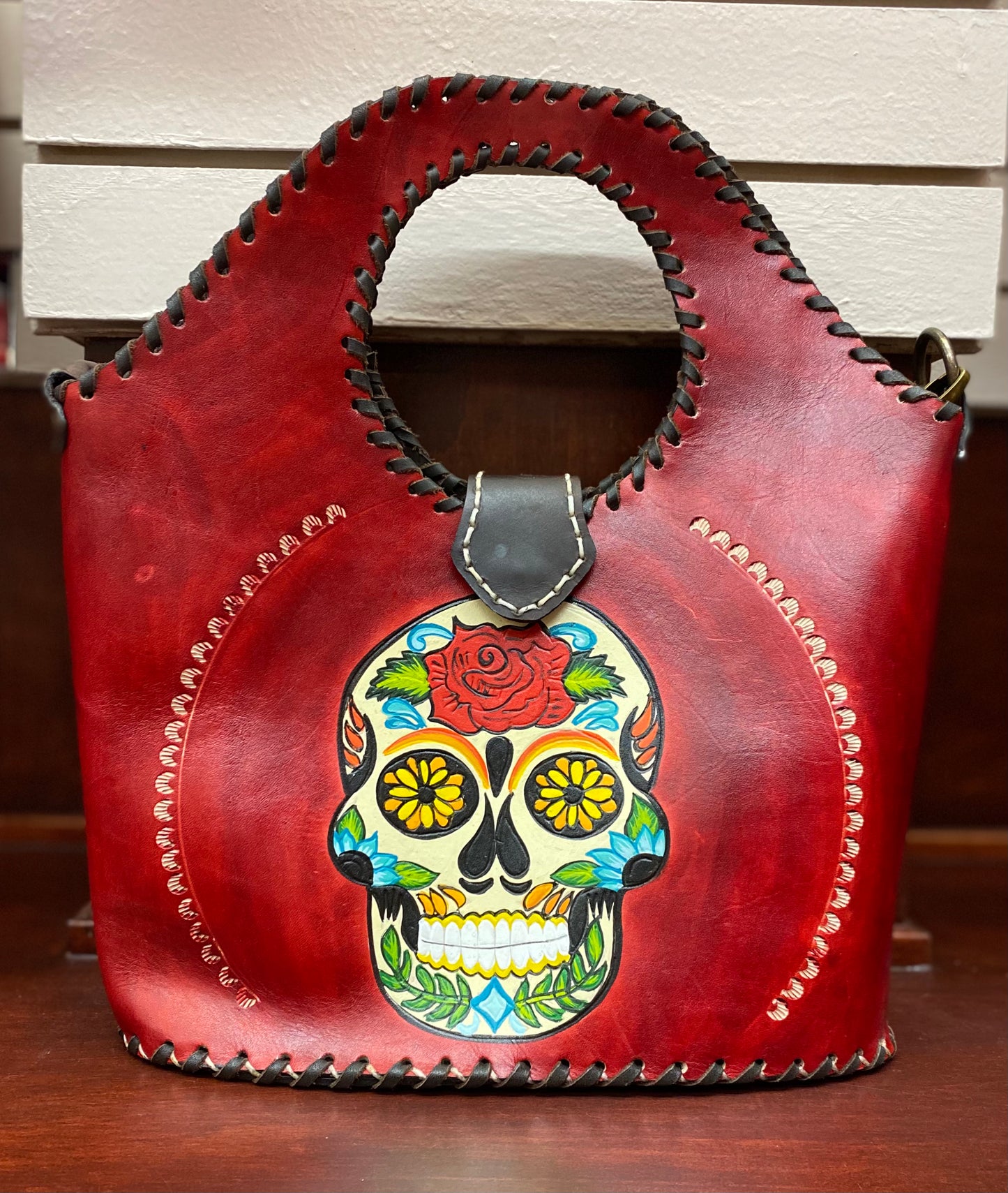 Red Leather Sugar Skull Handbag