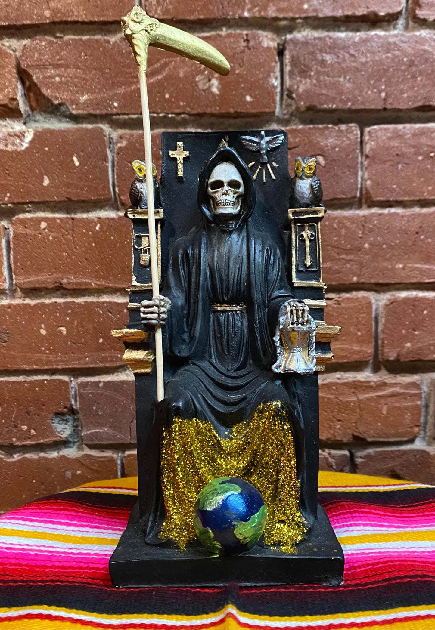 La Santa Muerte Sitting with Owls Black Statue