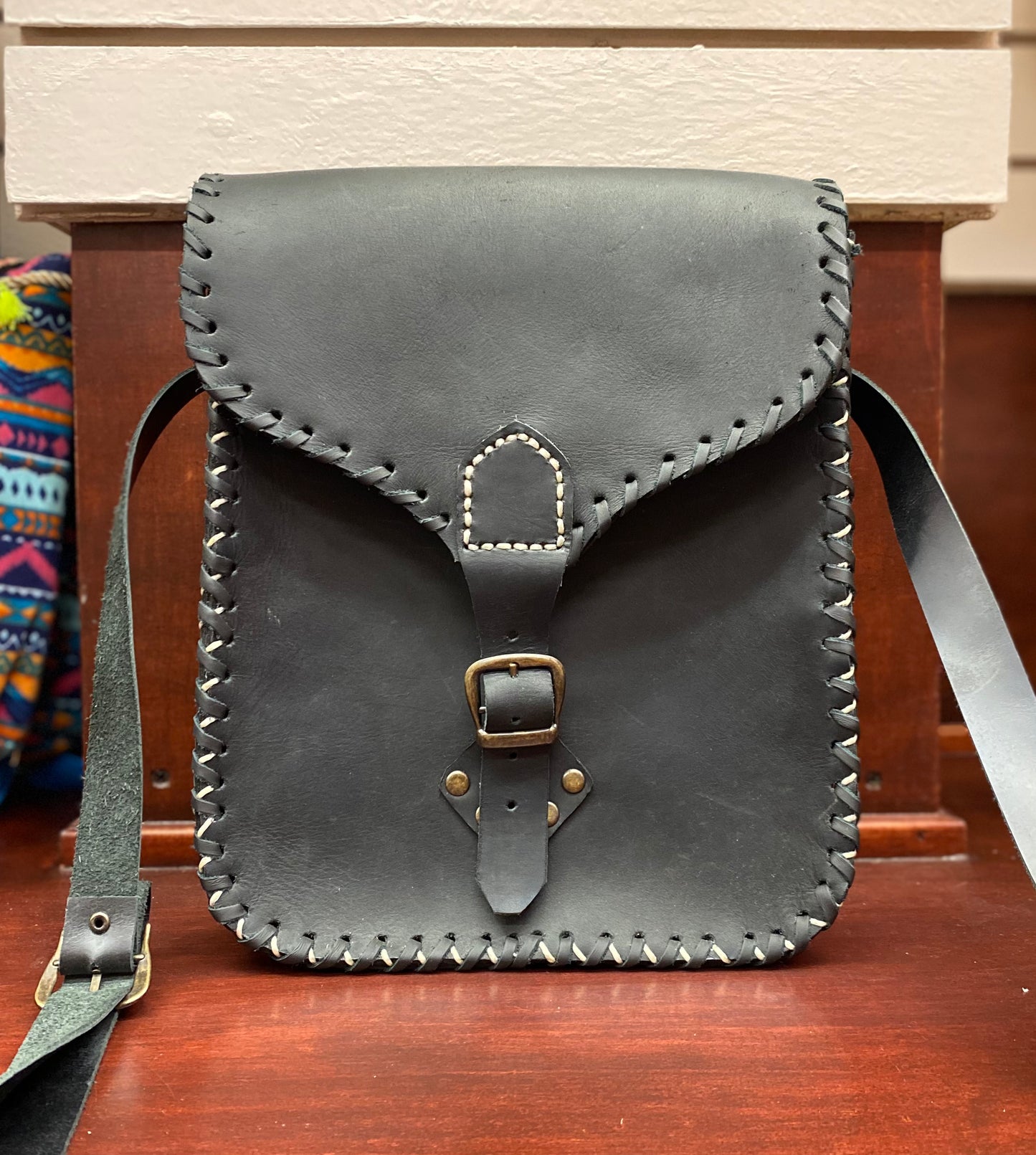 Mexican Black Leather Messenger Bag