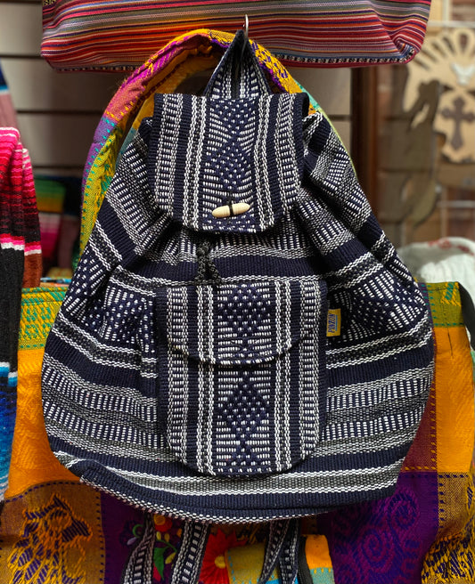 Navy, Gray and Black Mexican Medium Sized Handwoven Backpack