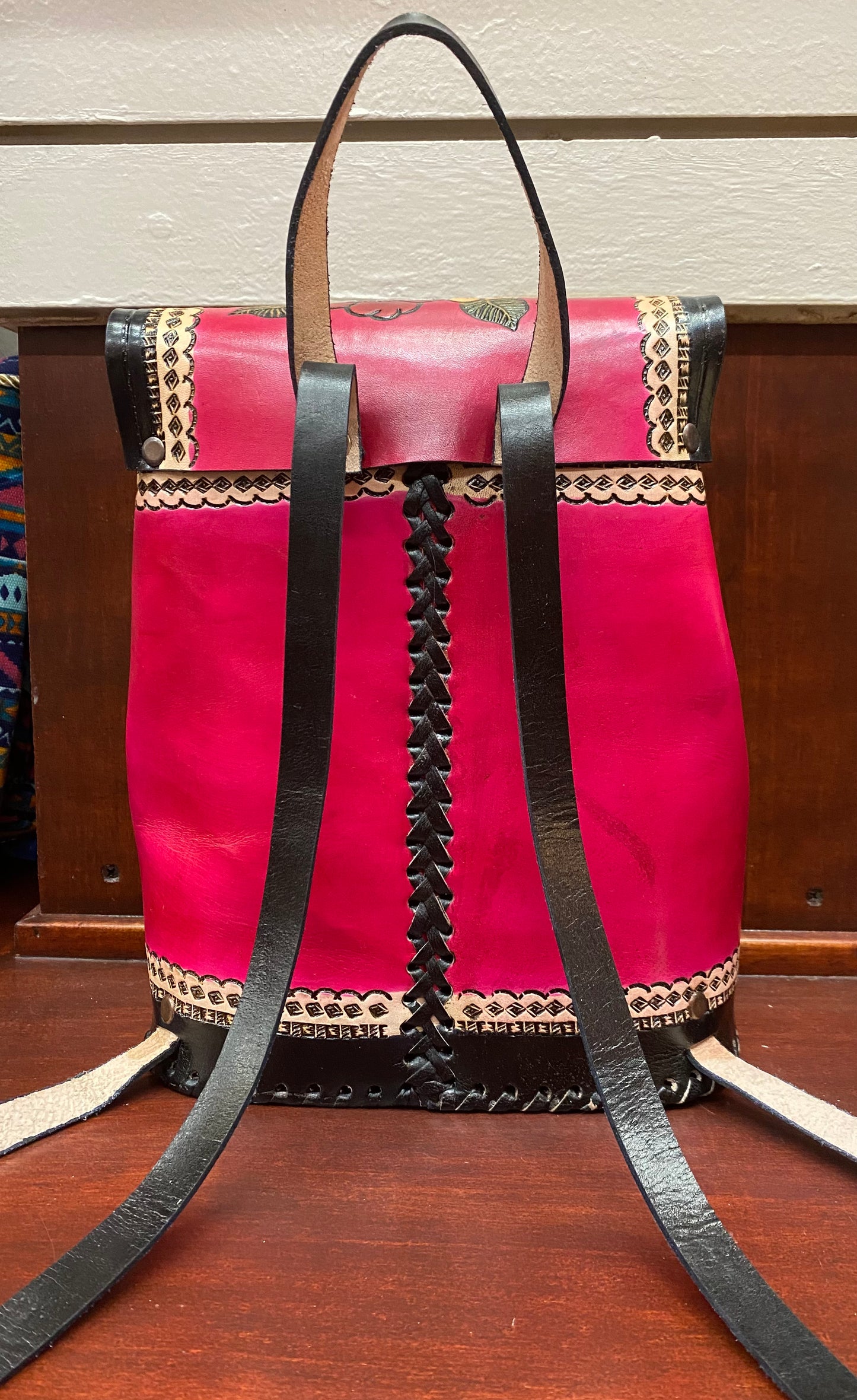Pink, Black and Neutral Leather Floral Backpack