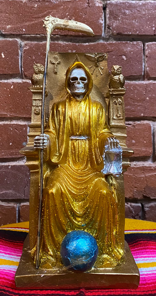 La Santa Muerte Sitting with Owls Gold Statue