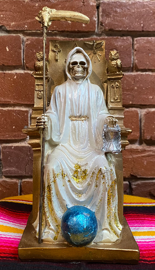 La Santa Muerte Sitting with Owls White and Gold Statue